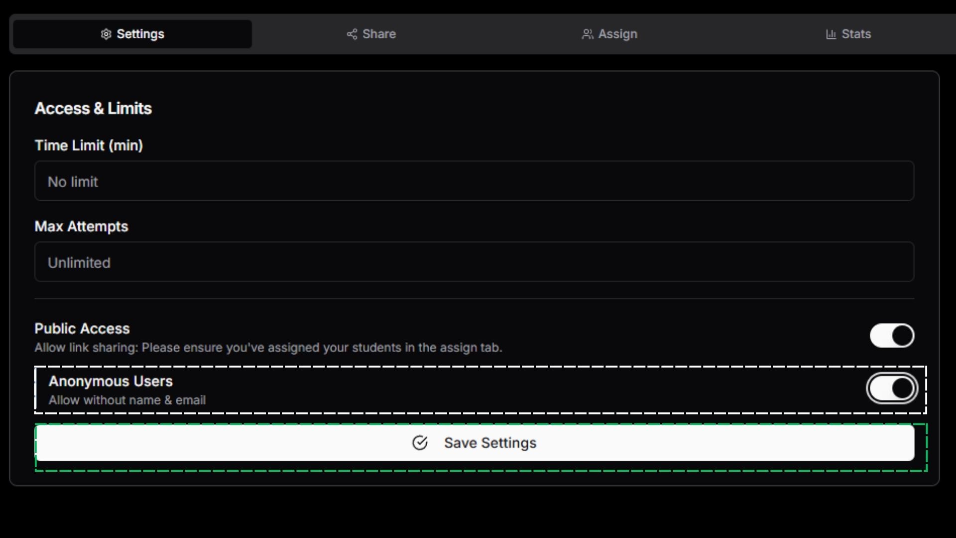 Time limits and access control settings